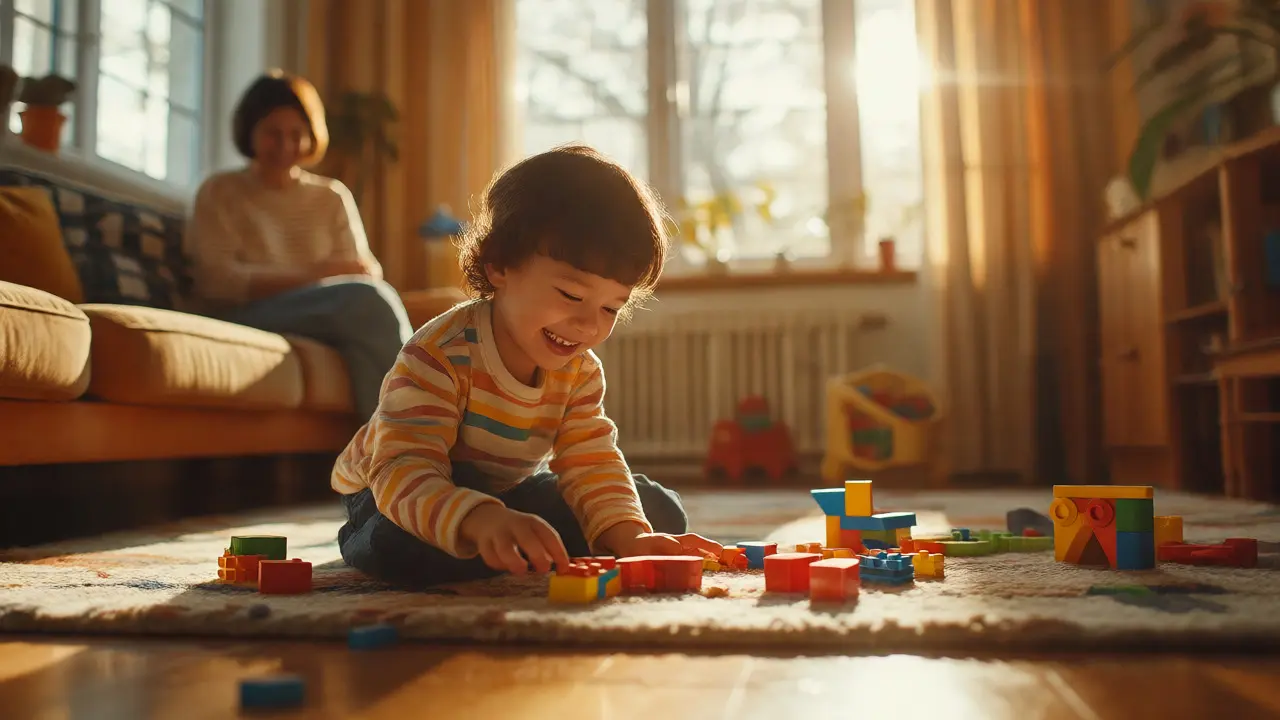 Zdravé dítě si hraje v slunném obýváku po nemoci