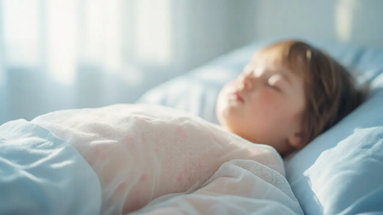 Zotavující se dítě s mírnou vyrážkou po poklesu teploty